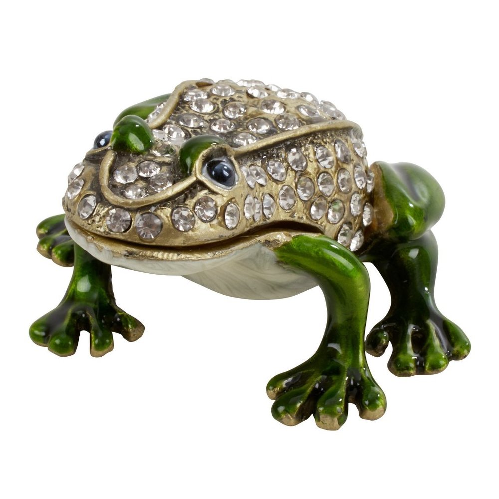 Bejeweled Green Enamel Small Frog Trinket Box, 2.4" x 1" x 3"